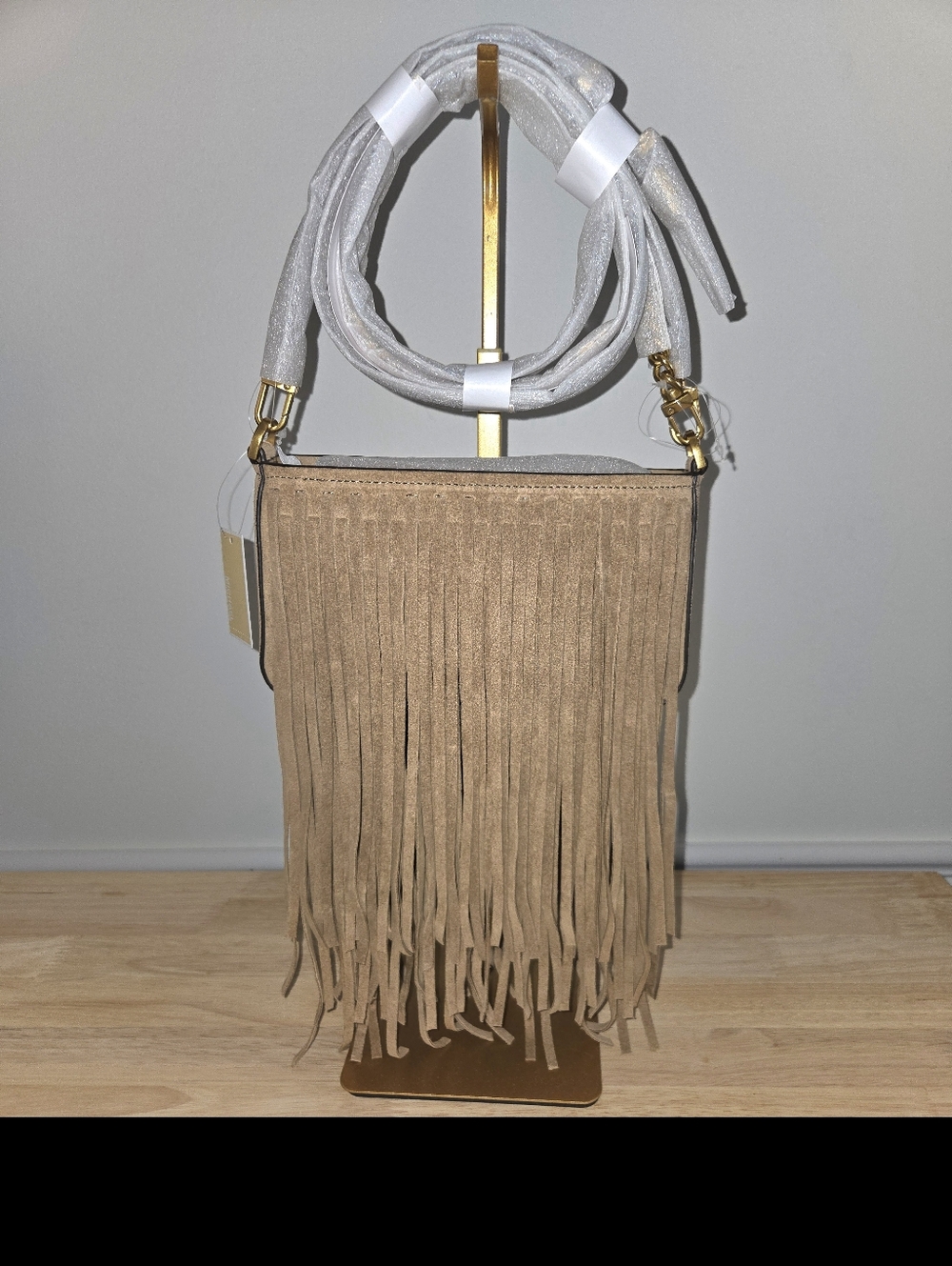 MICHAEL Michael Kors Bryant Fringe Crossbody Pouchette Suede Leather (Husk) NWT.